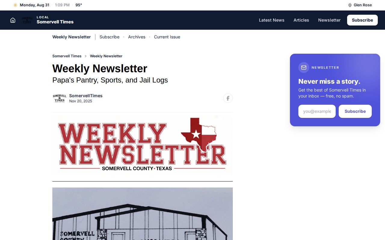 Somervell County Jail Logs newsletter record page