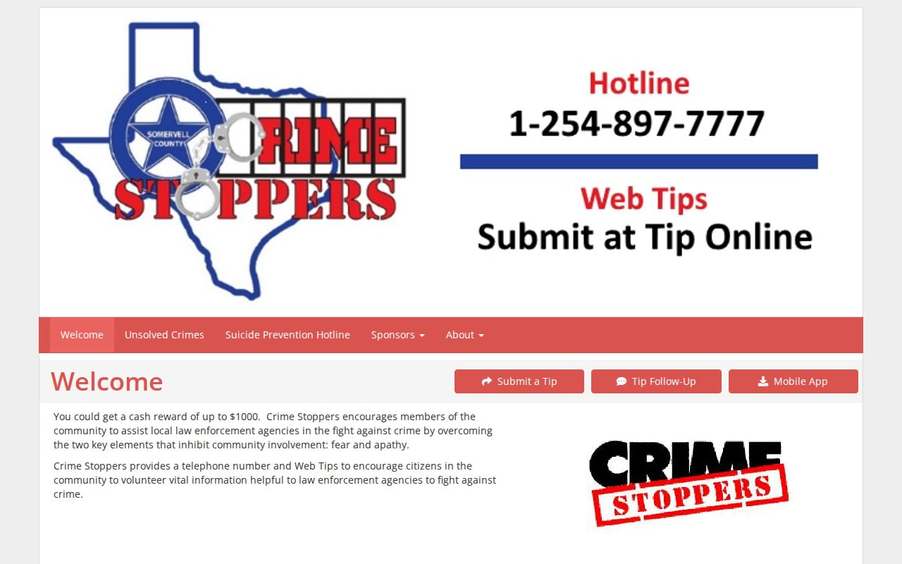 Somervell County warrant-tip record resource on the Crime Stoppers home page